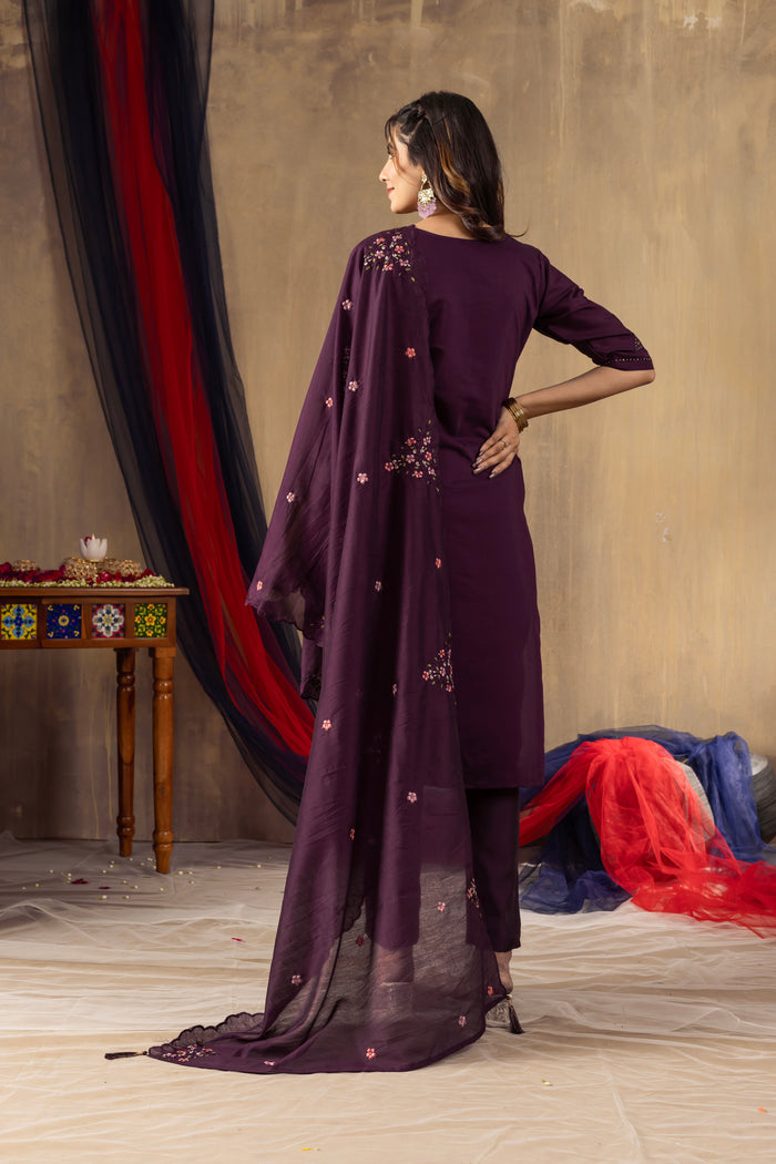 Ruhani Wine Roman Silk Embroidered Kurta Pant Set