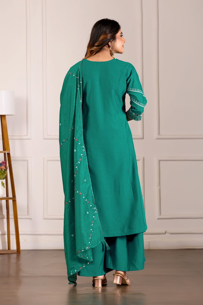 Elegant Rama Green Viscose Mango Silk Anarkali Kurti Set