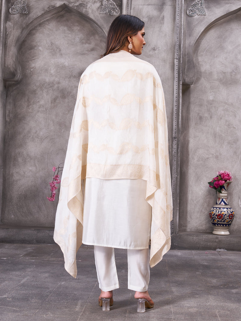 Off White Roman Silk Embroidered Kurti Pant Dupatta Set