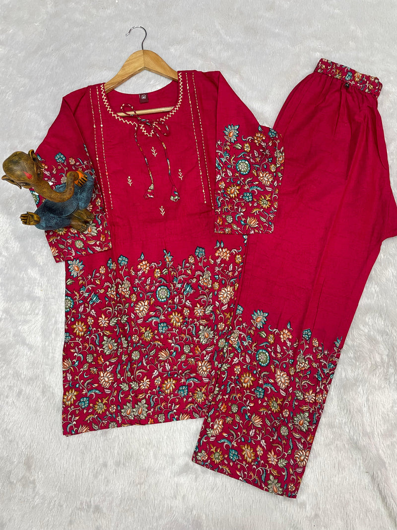 Rani Pink Pure Cotton Printed Co-Ord Set Trendy Women’s Top & Bottom Set