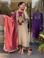 Premium Beige & Wine Designer Kurta Pant Dupatta Set