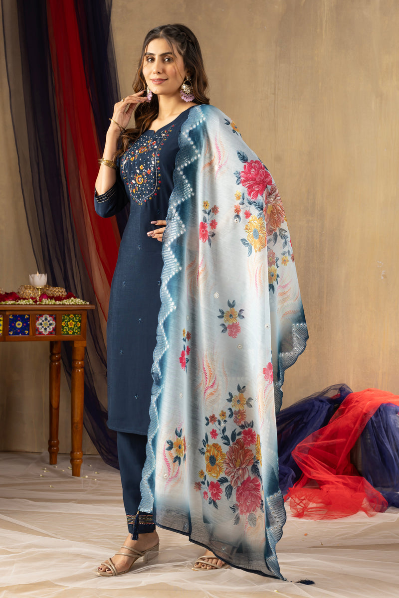 Viscose Navy Blue Embroidered Kurti Pant Dupatta Set