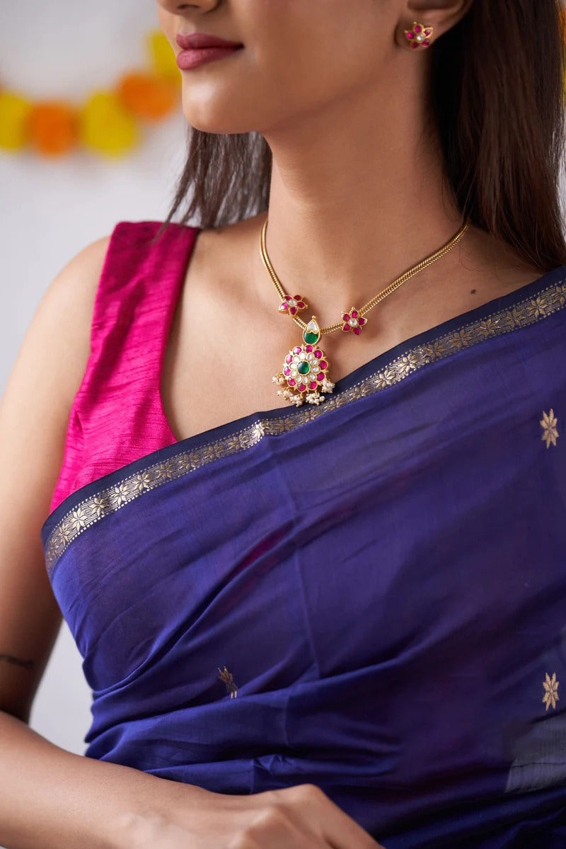 Blue Pink Jacquard Saree