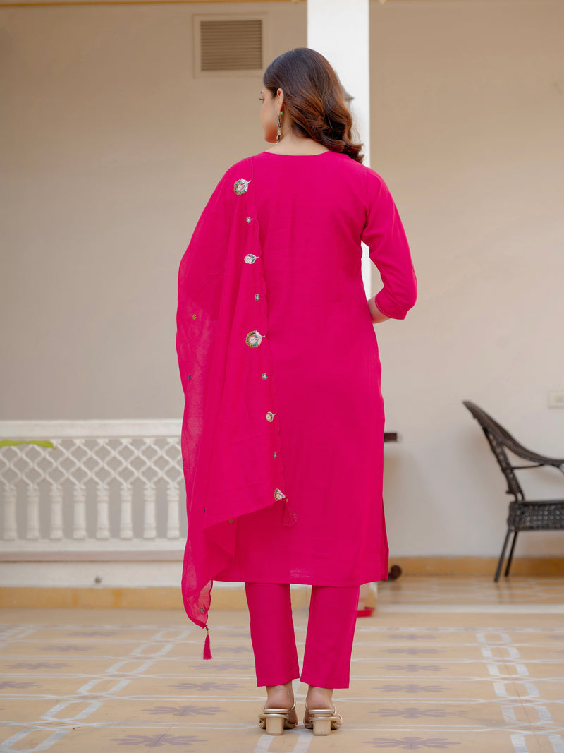 Pink Viscose Mango Silk Embroidered Kurti Set