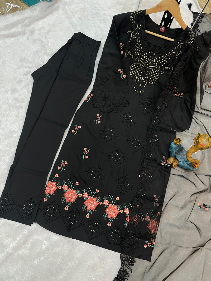 Black Heavy Viscose Roman Silk Embroidered Kurti Pant Dupatta Set