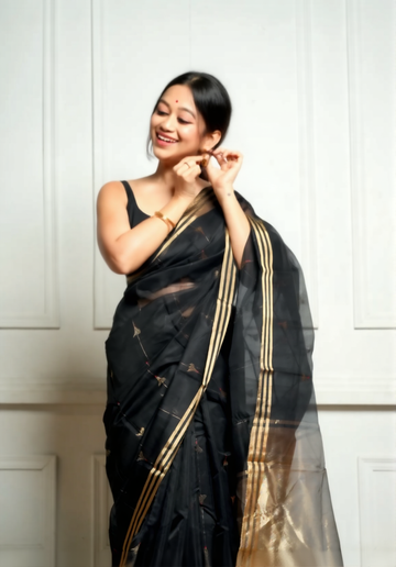 Elegant Black Cotton Silk Saree – Soft Linen Feel with Rich Jacquard Pallu