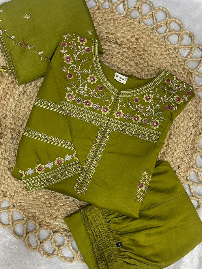 Mehndi Green Mango Silk Anarkali Set