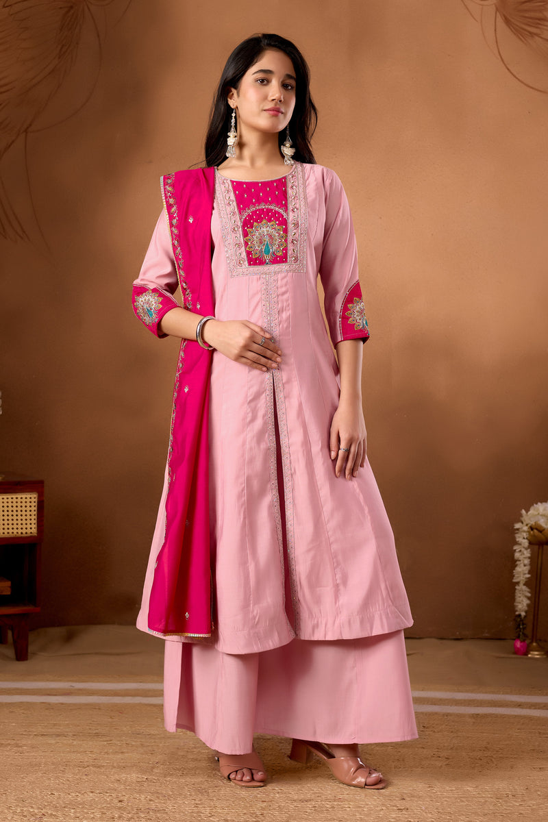 Elegant Pink Roman Silk Kurti Set