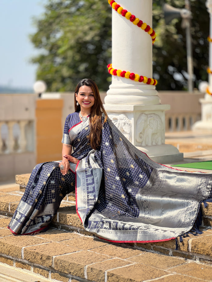 Royal Navy Blue Jacquard Saree – Elegant Weave for Festive & Party Wear