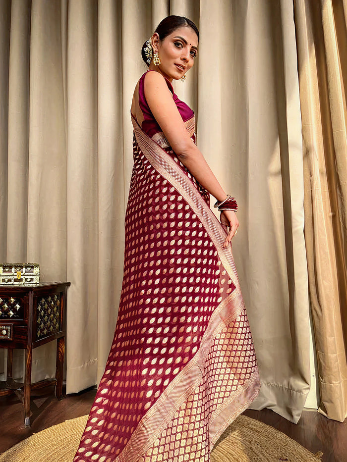 Royal Maroon Jacquard Saree – Luxurious Woven Design for Weddings & Festive Occasions