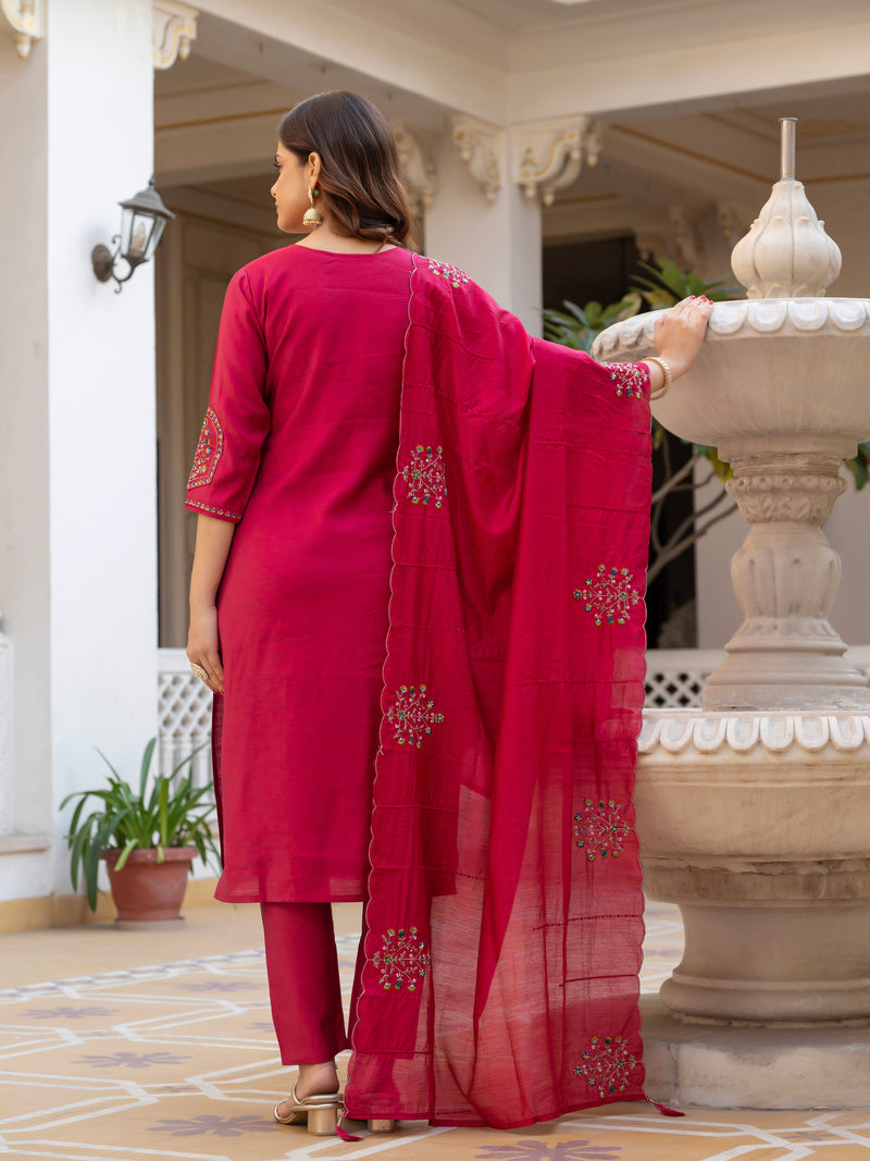 Pink Viscose Mango Silk Embroidered Kurti Set