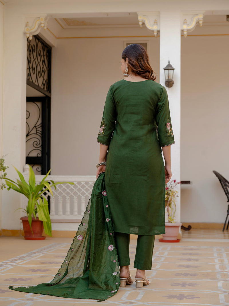 Green Viscose Mango Silk Embroidered Kurti Set