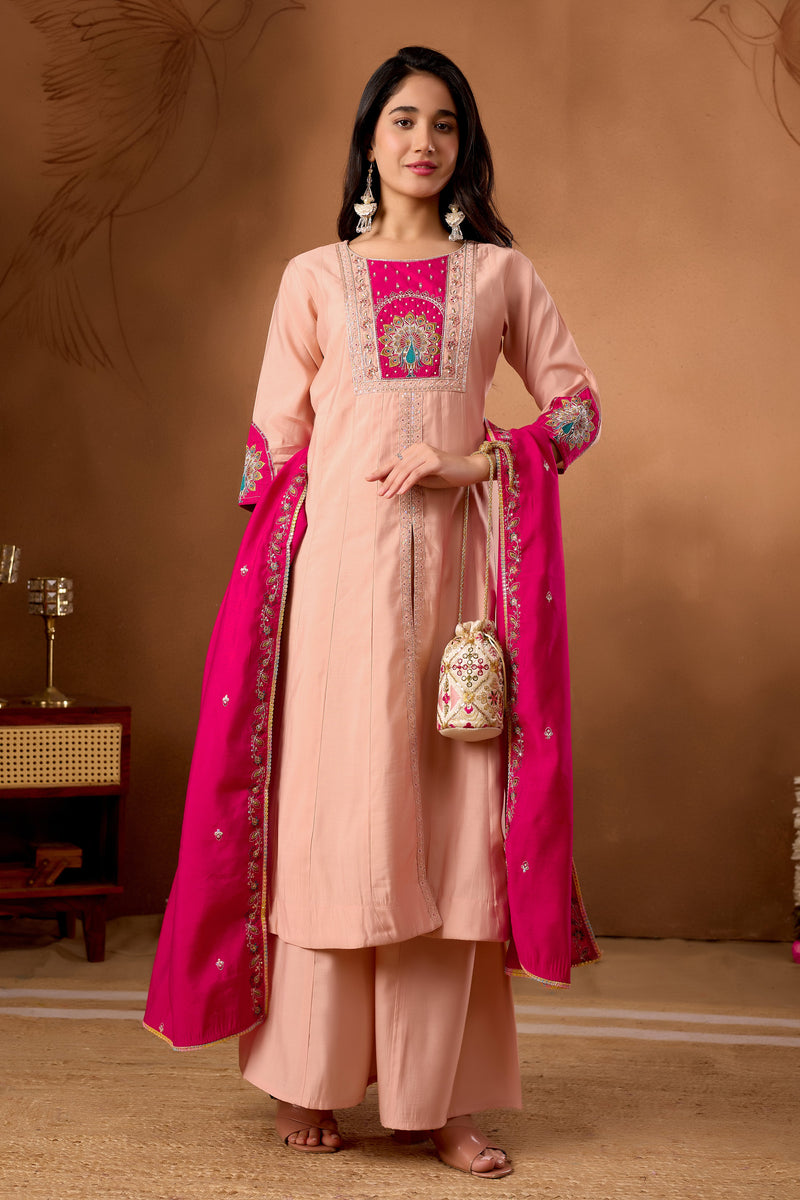 Elegant Peach Roman Silk Kurti Set