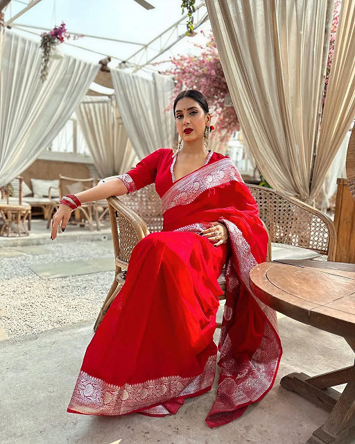 Red Jacquard Saree – Elegant & Festive Indian Ethnic Wear