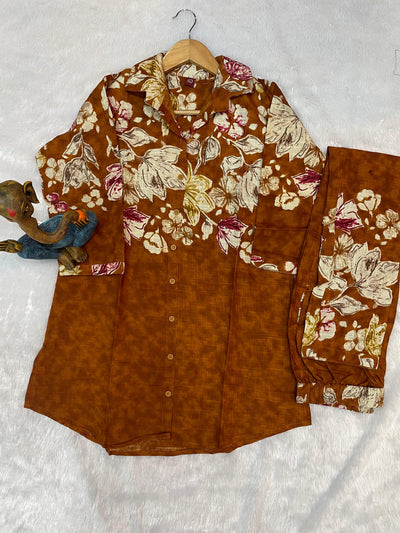 Mustard Brown Pure Cotton Printed Co-Ord Set