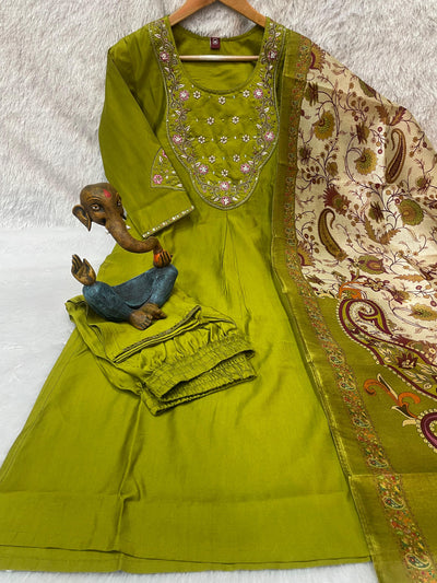 Elegant Olive Green Premium Marina Silk Embroidered Kurti Pant Dupatta Set