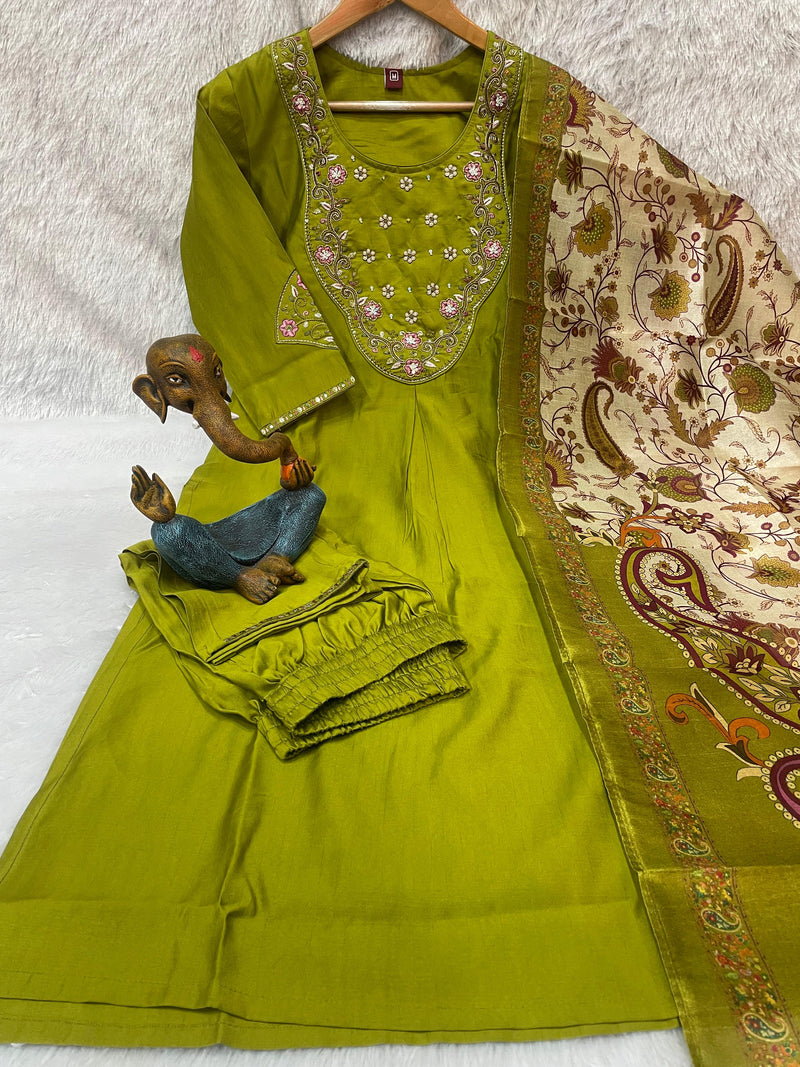 Elegant Olive Green Premium Marina Silk Embroidered Kurti Pant Dupatta Set