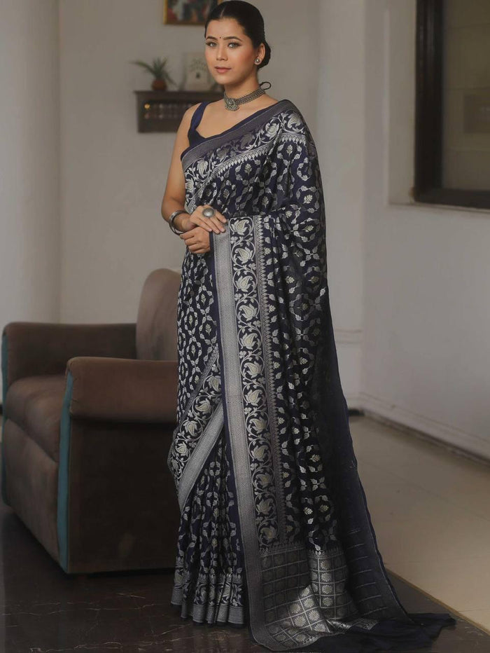 Premium Navy Blue Jacquard Saree – Elegant Festive & Party Wear Look
