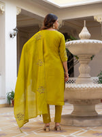 Yellow Viscose Mango Silk Embroidered Kurti Set