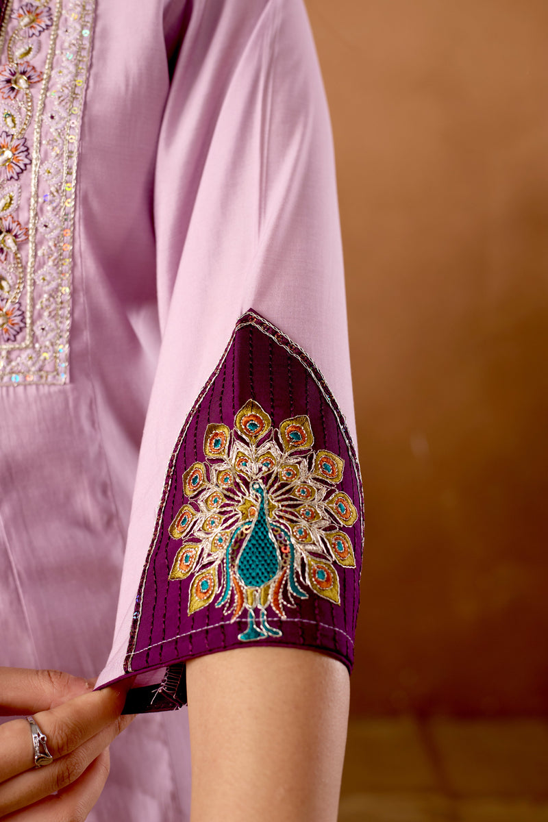 Elegant Light Lovender Roman Silk Kurti Set