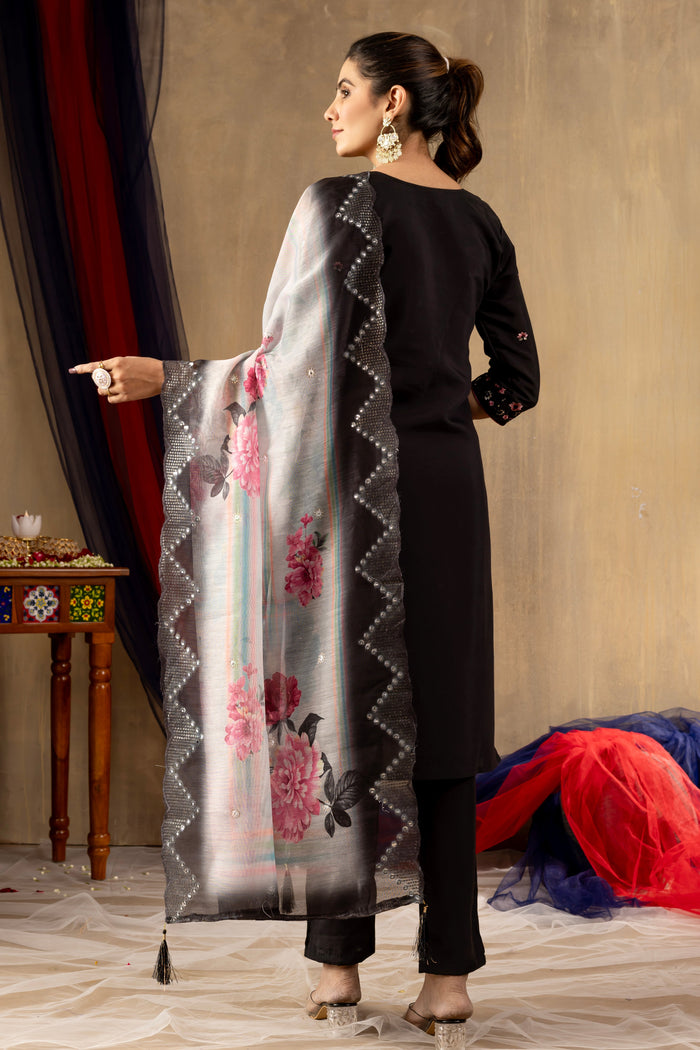 Zehra Black Roman Silk Embroidered Kurta Pant Set