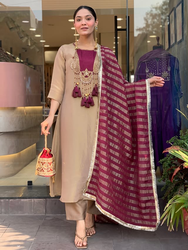 Premium Beige & Wine Designer Kurta Pant Dupatta Set