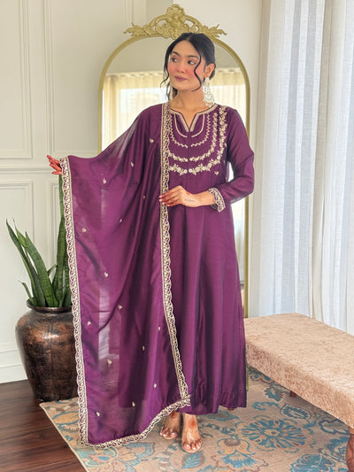 Wine Purple Vichitra Silk Anarkali Kurta Set
