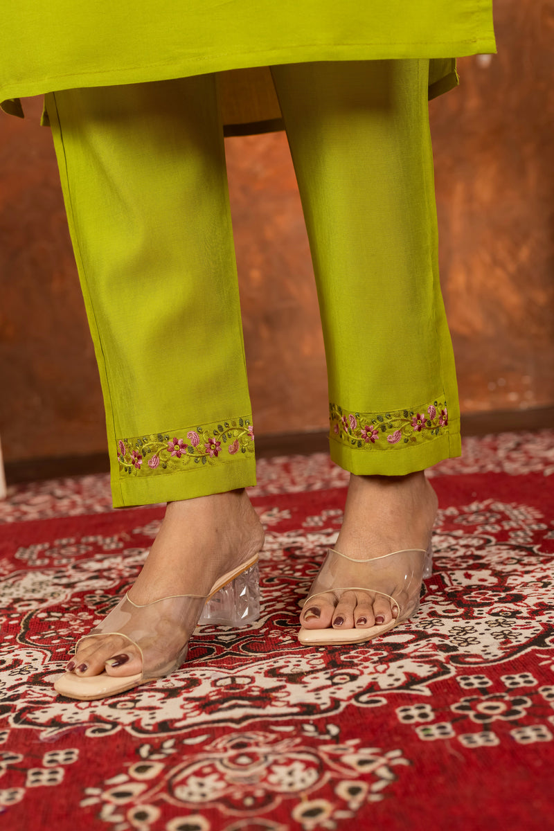 Marina Silk Lime Green Embroidered Kurta Set
