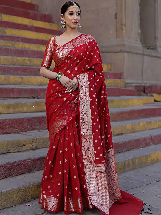 Red Jacquard Saree – Rich Woven Elegance for Weddings & Festive Wear