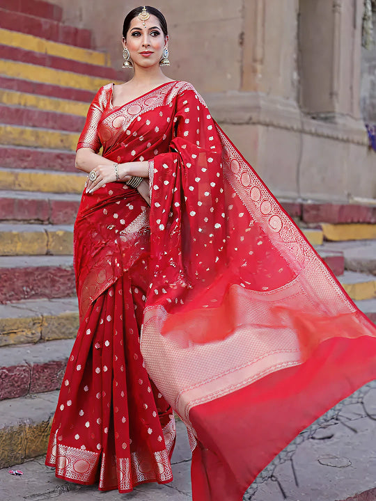 Red Jacquard Saree – Rich Woven Elegance for Weddings & Festive Wear