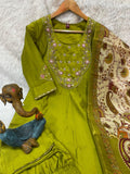 Elegant Olive Green Premium Marina Silk Embroidered Kurti Pant Dupatta Set