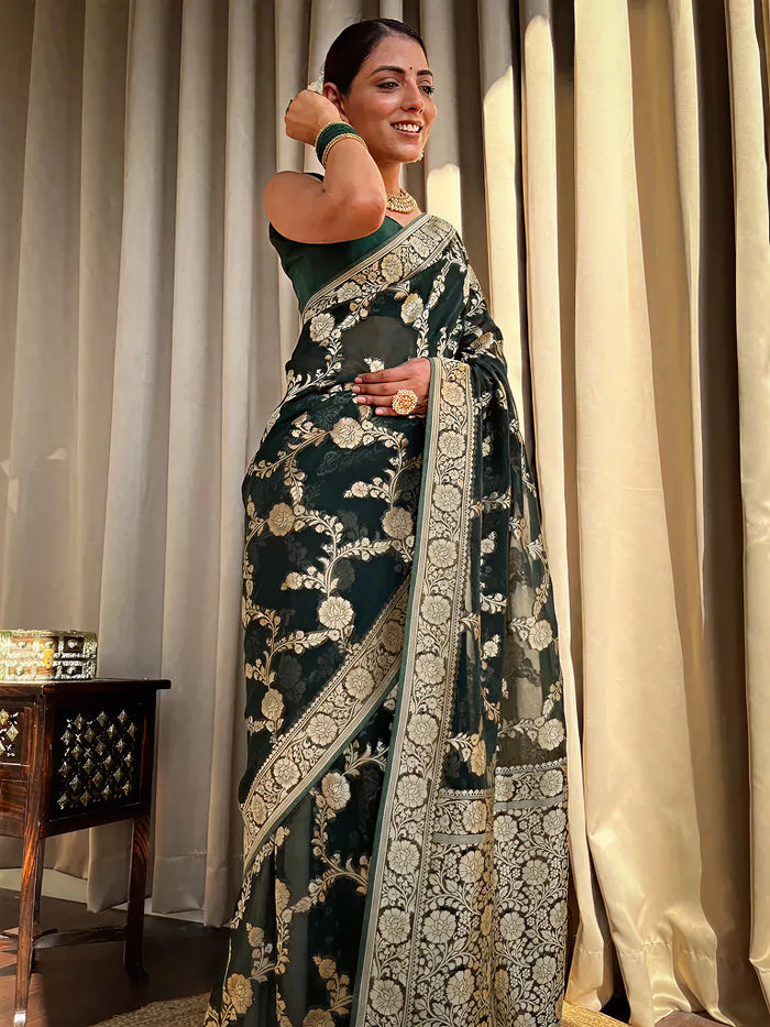Emerald dark Green Jacquard Saree – Luxurious Woven Elegance for Special Occasions