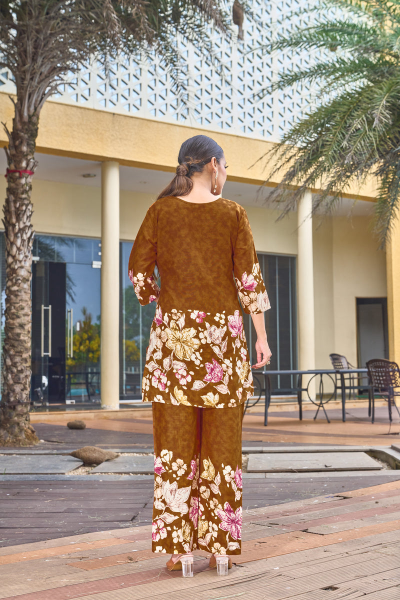 Trendy Brown Pure Cotton Floral Co-ords Set