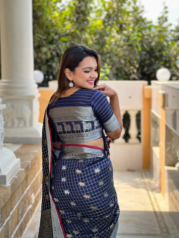 Royal Navy Blue Jacquard Saree – Elegant Weave for Festive & Party Wear