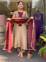 Premium Beige & Wine Designer Kurta Pant Dupatta Set