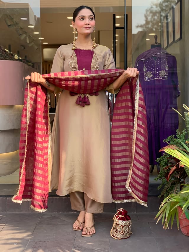 Premium Beige & Wine Designer Kurta Pant Dupatta Set