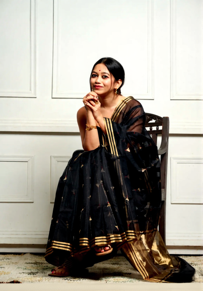 Elegant Black Cotton Silk Saree – Soft Linen Feel with Rich Jacquard Pallu