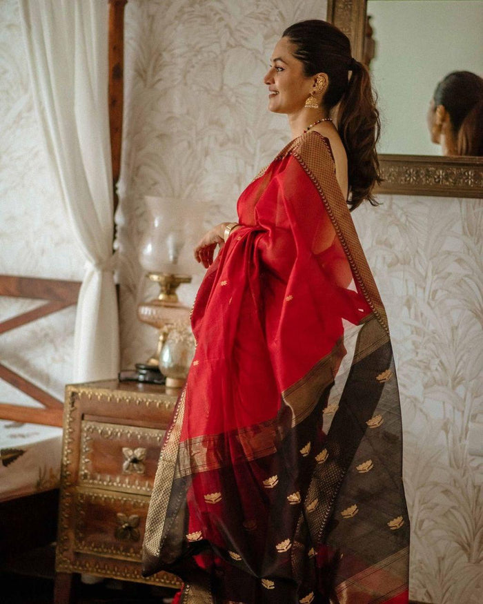 Red Jacquard Saree – Elegant Festive Wear with Rich Woven Detailing