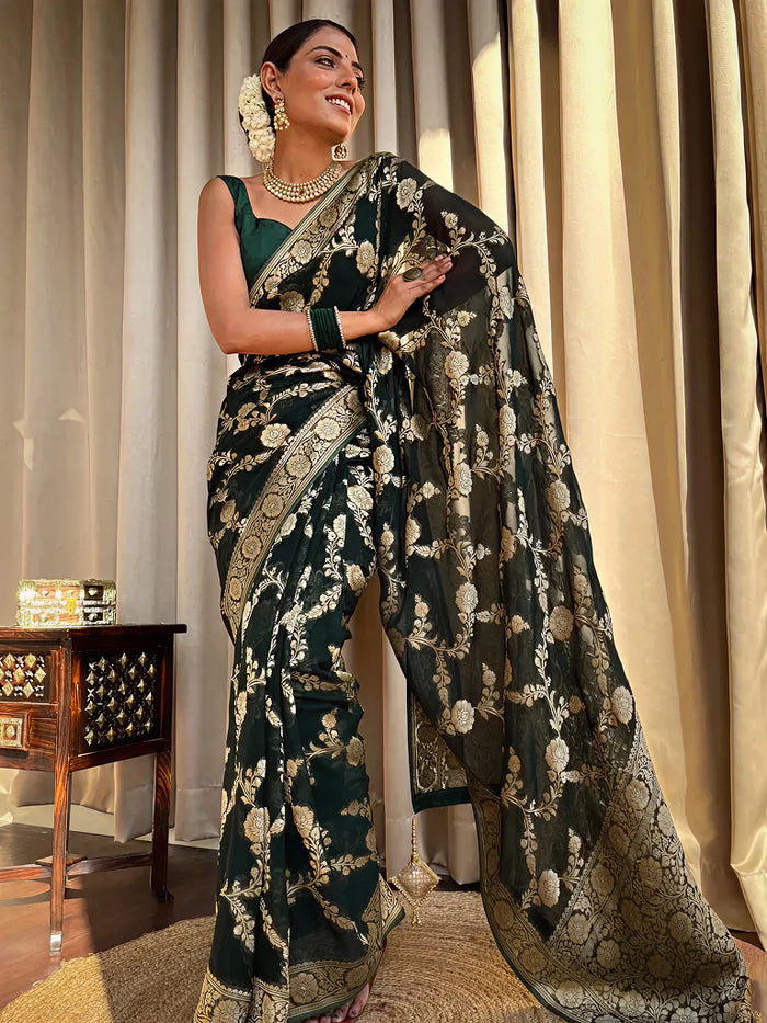 Emerald dark Green Jacquard Saree – Luxurious Woven Elegance for Special Occasions