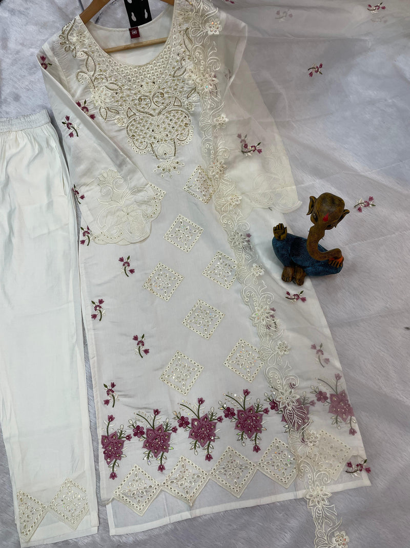 White Heavy Viscose Roman Silk Embroidered Kurti Pant Dupatta Set