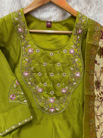 Elegant Olive Green Premium Marina Silk Embroidered Kurti Pant Dupatta Set