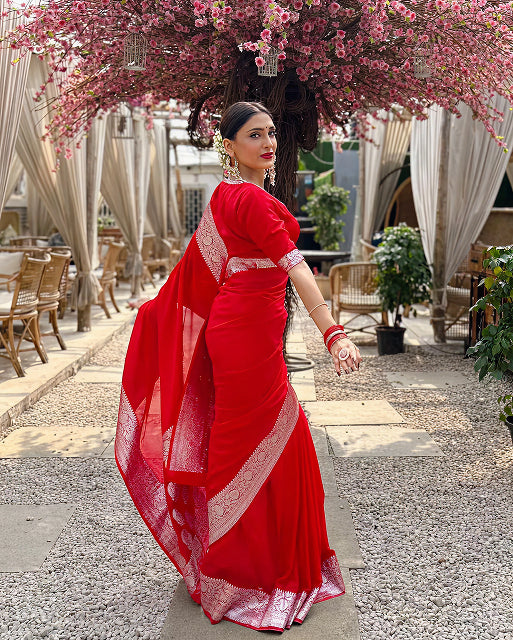 Red Jacquard Saree – Elegant & Festive Indian Ethnic Wear