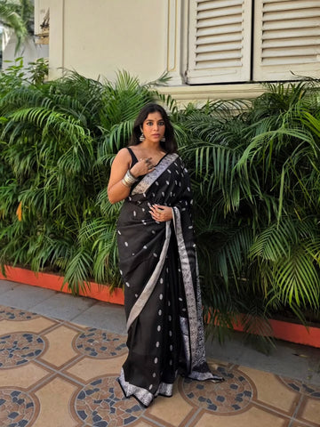 Classic Black Jacquard Saree – Timeless Woven Luxury with Modern Elegance