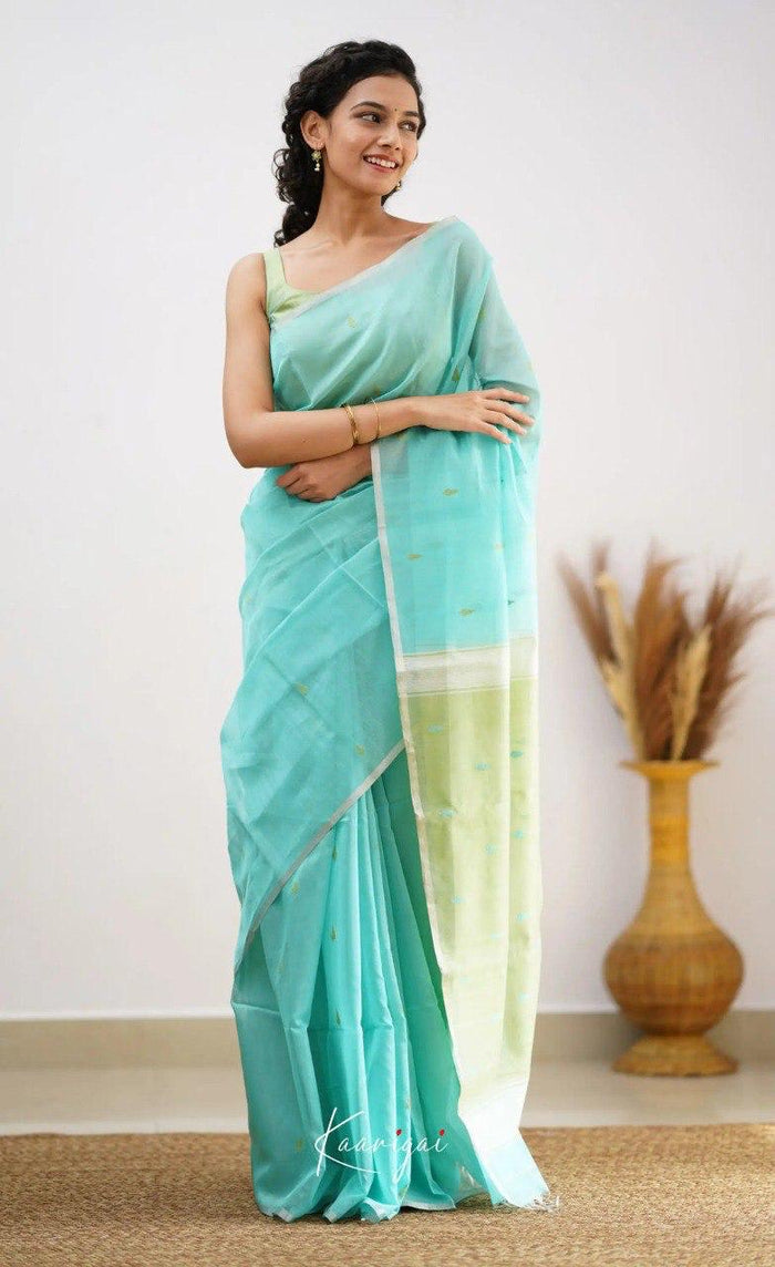 Sky Pista Jacquard Saree – Soft Pastel Elegance with Rich Woven Detail