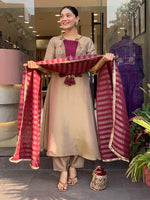 Premium Beige & Wine Designer Kurta Pant Dupatta Set