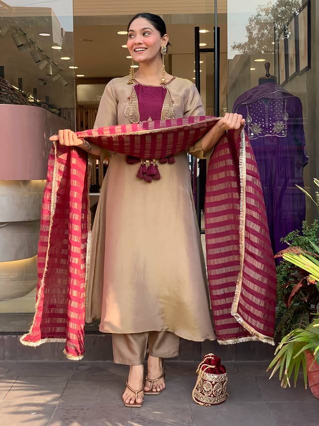 Premium Beige & Wine Designer Kurta Pant Dupatta Set