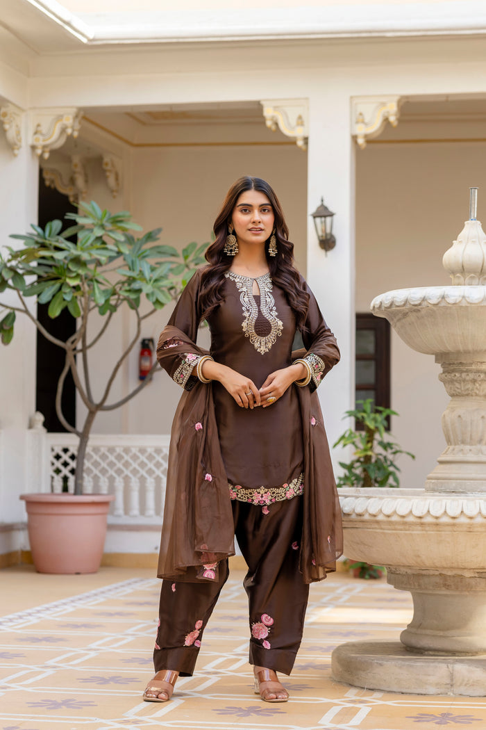 Coffee Satin Embroidered Kurta Set
