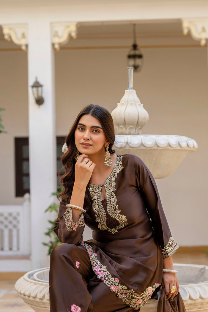 Coffee Embroidered Designer Suit Set