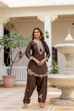 Coffee Satin Embroidered Kurta Set