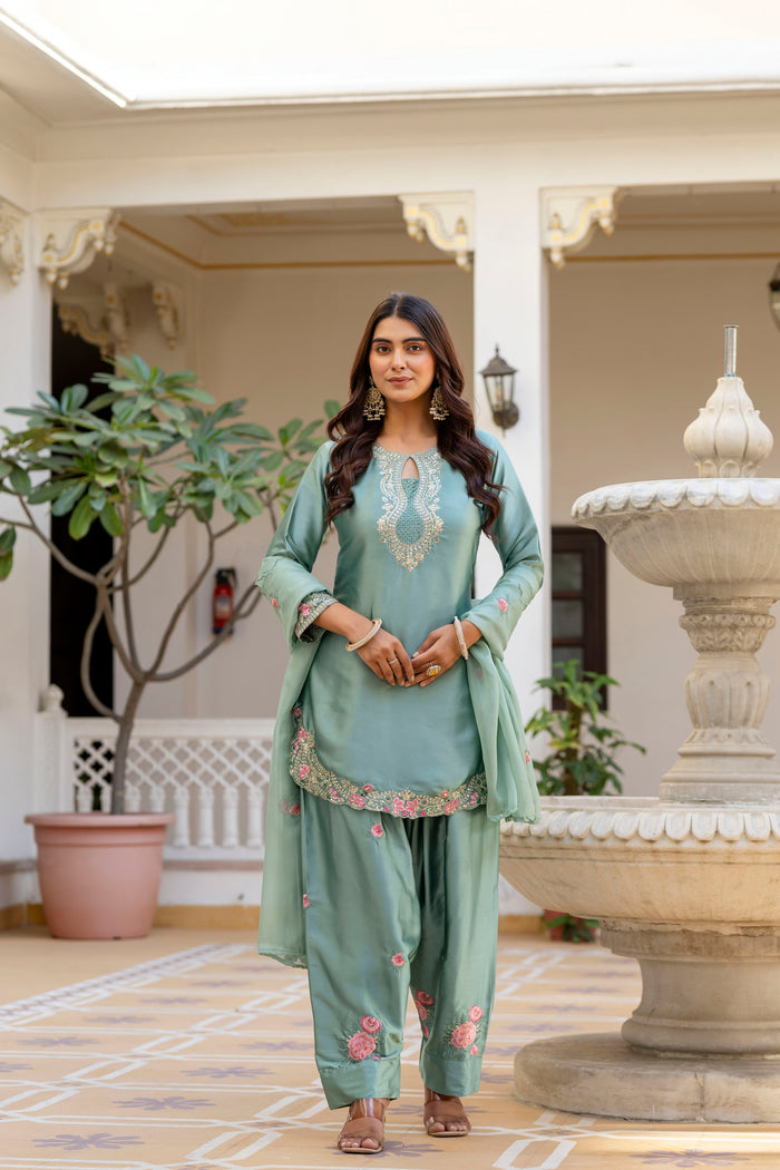 Pista Satin Embroidered Kurta Set